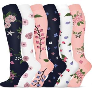 Graduated Compression Socks for Women&Men 20-30mmhg Knee High Socks Travel Hiking Running Stocking(08-6 Pairs Flower Series 02)