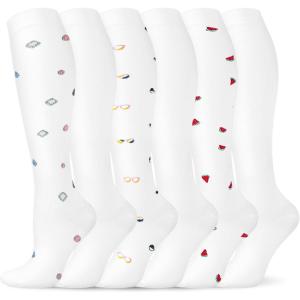 Graduated Compression Socks for Women&Men 20-30mmhg Knee High Socks Travel Hiking Running Stocking(15-6 Pairs White Cartoon)