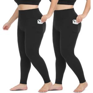 Hi Clasmix 2 Pack Plus Size Leggings for Women-High Waisted Tummy Control 1X-4X Soft Casual Yoga Pants for Curvy Women(01b11-2 Pack Black Pockets)