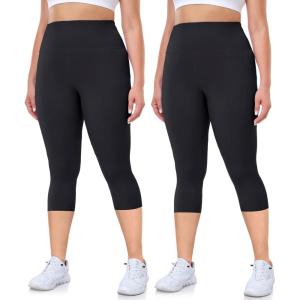 Hi Clasmix 2 Pack Plus Size Leggings for Women-High Waisted Tummy Control 1X-4X Soft Casual Yoga Pants for Curvy Women(01b12-2 Pack Capri Black)