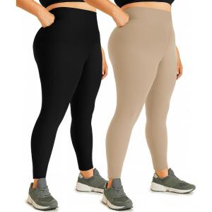 Hi Clasmix 2 Pack Plus Size Leggings for Women-High Waisted Tummy Control 1X-4X Soft Casual Yoga Pants for Curvy Women(01ba-2 Pack Black Apricot)