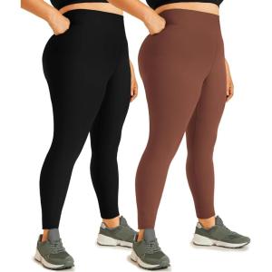 Hi Clasmix 2 Pack Plus Size Leggings for Women-High Waisted Tummy Control 1X-4X Soft Casual Yoga Pants for Curvy Women(01ba-2 Pack Black Brown)