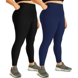 Hi Clasmix 2 Pack Plus Size Leggings for Women-High Waisted Tummy Control 1X-4X Soft Casual Yoga Pants for Curvy Women(01bb-2 Pack Black Blue)