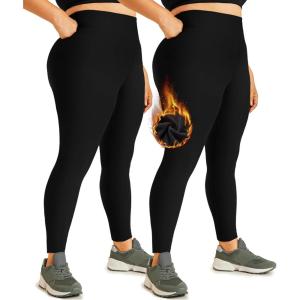 Hi Clasmix 2 Pack Plus Size Leggings for Women-High Waisted Tummy Control 1X-4X Soft Casual Yoga Pants for Curvy Women(01bc-2 Pack Fleece Black)