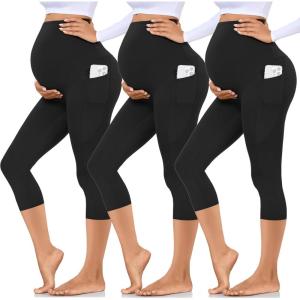 Hi Clasmix 3 Pack Maternity Capri Leggings with Pockets-Buttery Soft Workout Pregnancy Yoga Pants(1-3 Pack Black)