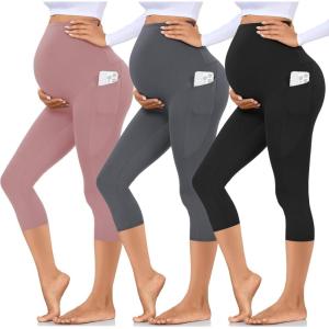 Hi Clasmix 3 Pack Maternity Capri Leggings with Pockets-Buttery Soft Workout Pregnancy Yoga Pants(3-3 Pack Black grey pink)