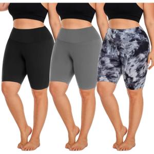 Hi Clasmix 3 Pack Plus Size Biker Shorts for Women(1X-4X)-High Waisted Non-See Through Workout Super Soft Black Yoga Shorts(4-3 Pack Black+grey+black Tie-dye)