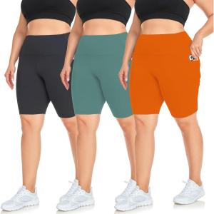Hi Clasmix 3 Pack Plus Size Biker Shorts for Women(1X-4X)-High Waisted Non-See Through Workout Super Soft Black Yoga Shorts(8-3 Pack Black+rust+lake Blue)