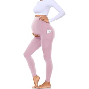 Hi Clasmix Buttery Soft Maternity Leggings Over The Belly with Pockets-Non-See-Through Workout Pregnancy Yoga Pants(3-1 Pack Pink)