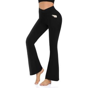 Hi Clasmix Flare Leggings for Women – High Waist Crossover Yoga Pants Tummy Control Bootcut Bell Bottom Jazz Lounge Leggings(1-pockets-black)