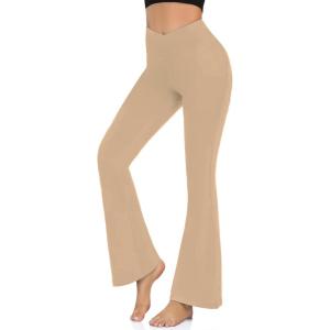 Hi Clasmix Flare Leggings for Women – High Waist Crossover Yoga Pants Tummy Control Bootcut Bell Bottom Jazz Lounge Leggings(7-light Apricot)