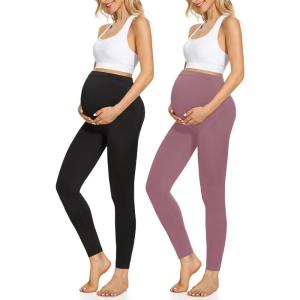 Hi Clasmix Maternity Leggings Over The Belly Butt Lift – Buttery Soft Non-See-Through Workout Pregnancy Leggings(Black+Pink,Medium)