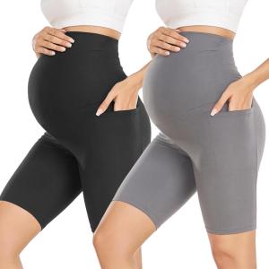 Hi Clasmix Maternity Shorts Over Belly- Pregnancy Biker Shorts with Pockets Active Athletic Yoga Short Pants Summer Clothes(2-2 Pack Black grey)