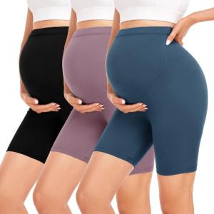 Hi Clasmix Maternity Shorts Over Belly- Pregnancy Biker Shorts with Pockets Active Athletic Yoga Short Pants Summer Clothes(8-3 Pack Black+pink+lake Blue)