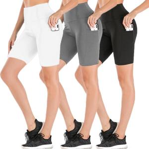 High Waist Workout Biker Shorts for Women-Dual Pockets Tummy Control Yoga Gym Running Pants,Non See-Through Soft Leggings (2# Black,Grey,White,3 Pack,Large)