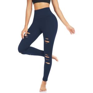 Womens High Waist Yoga Pants Cutout Ripped Tummy Control Workout Running Yoga Skinny Leggings