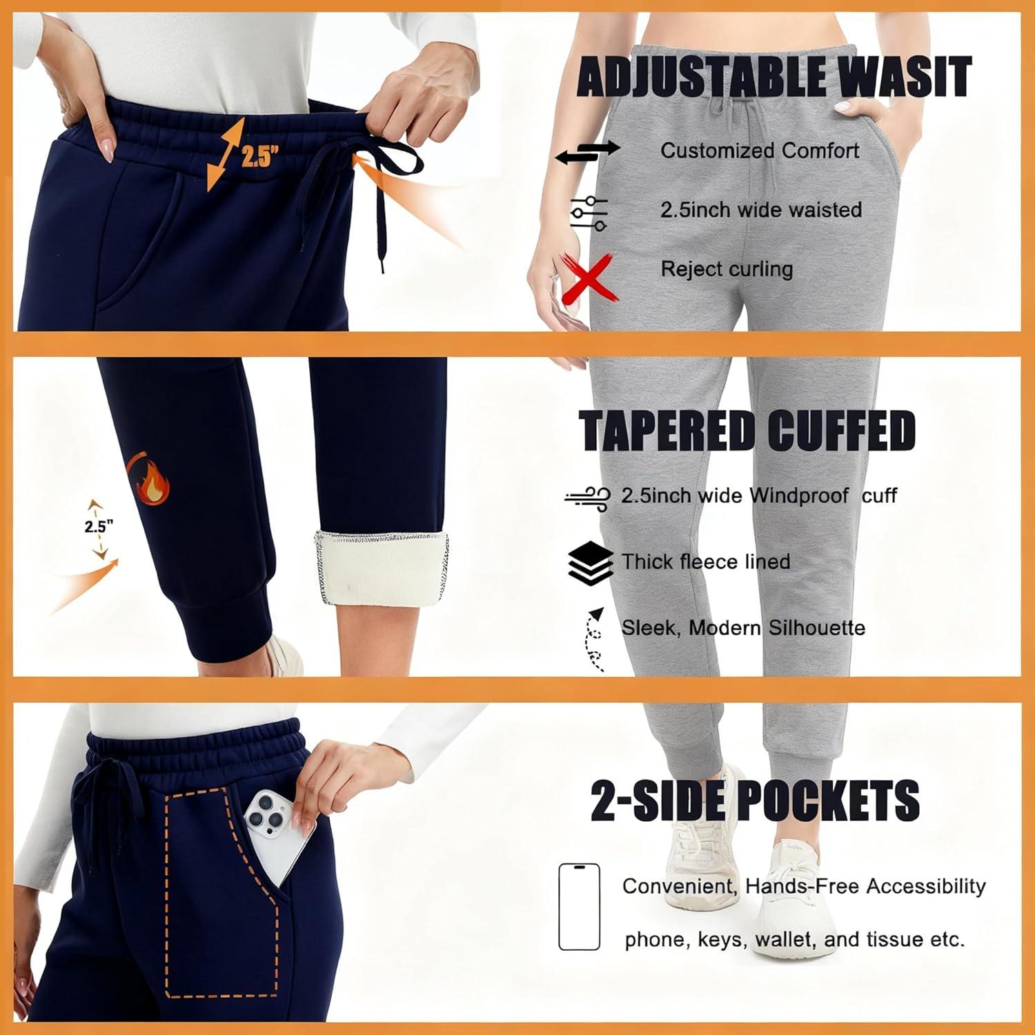 imageFleece Lined Joggers for WomenWinter Thermal Womens Sweatpants Thick High Waisted Ski Hiking Running Pants S2XL51 Pack Navy