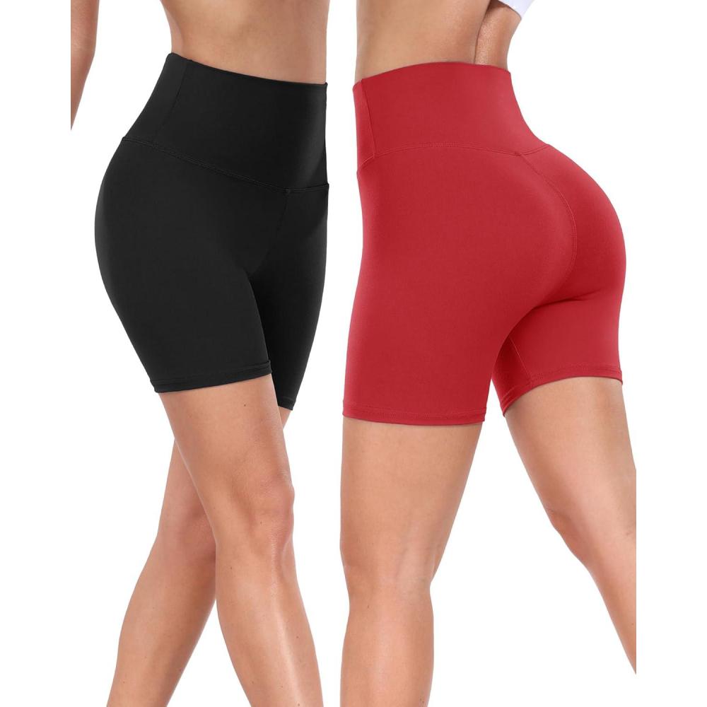 imageHi Clasmix 2 Pack Bker Shorts for Women5quot Tummy Control Fitness Athletic Workout Running Yoga Gym Shorts01blackRed