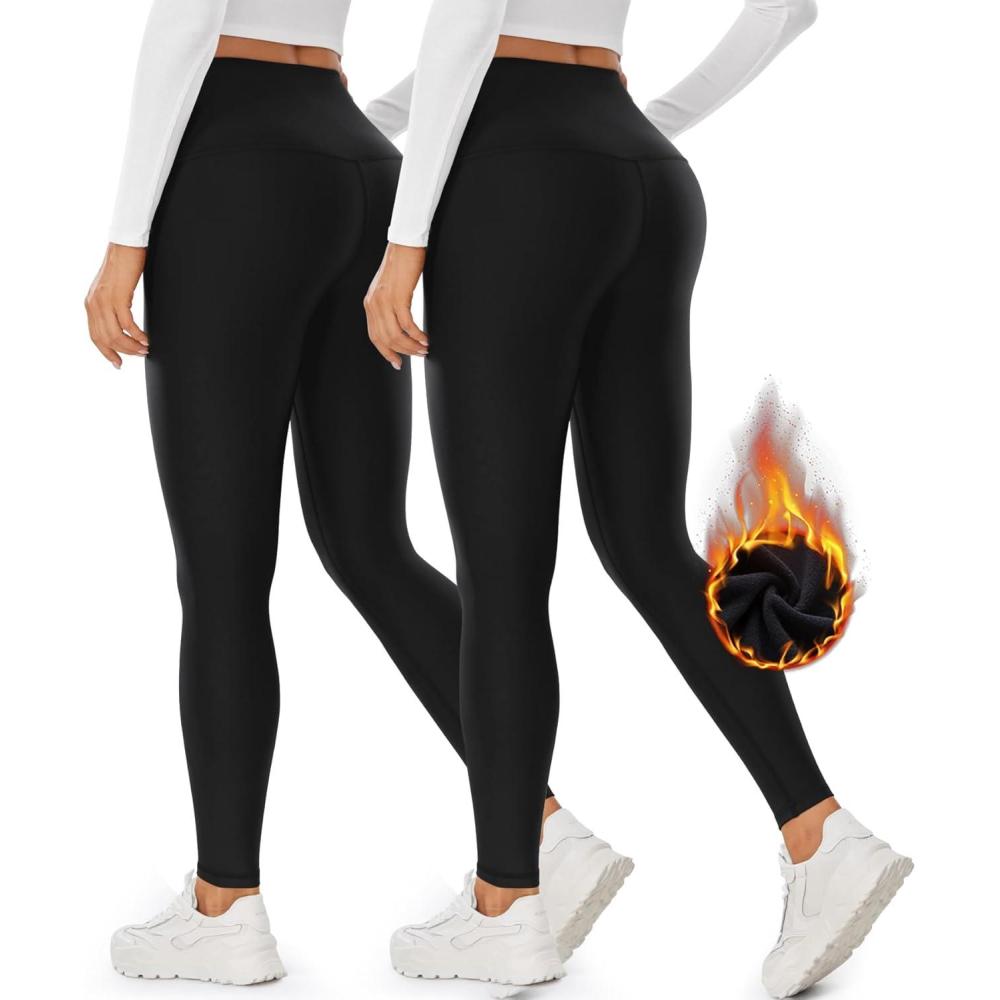 imageHi Clasmix 2 Pack Fleece Lined Leggings WomenHigh Waisted Tummy Control Seamless Winter Thermal Warm Workout Yoga Pants2 Pack BlackSM SmallMedium