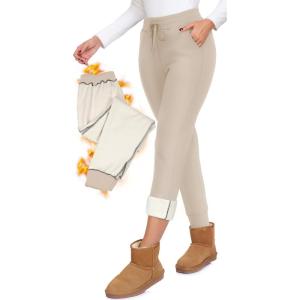Fleece Lined Joggers for Women-Winter Thermal Women’s Sweatpants Thick High Waisted Ski Hiking Running Pants S-2XL(3-1 Pack Apricot)