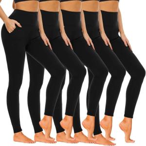 Hi Clasmix 5 Pack Leggings for Women-High Waisted Tummy Control Soft Casual Workout Black Yoga Pants with Pockets(1-5 Pack Black With Pockets)