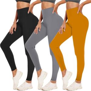 3 Pack Leggings for Women Tummy Control – Buttery Soft Yoga Pants High Waist No See-Through Running Gym Workout Legging(Black/Yellow/Light Grey)