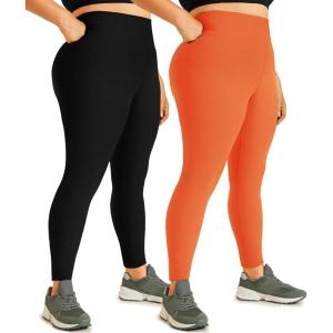 Hi Clasmix Plus Size Leggings for Women 1X-4X-High Waisted Tummy Control Non See Through Super Soft Black Leggings Yoga Pants(2 Pack Black+Rust Orange,XX-Large)