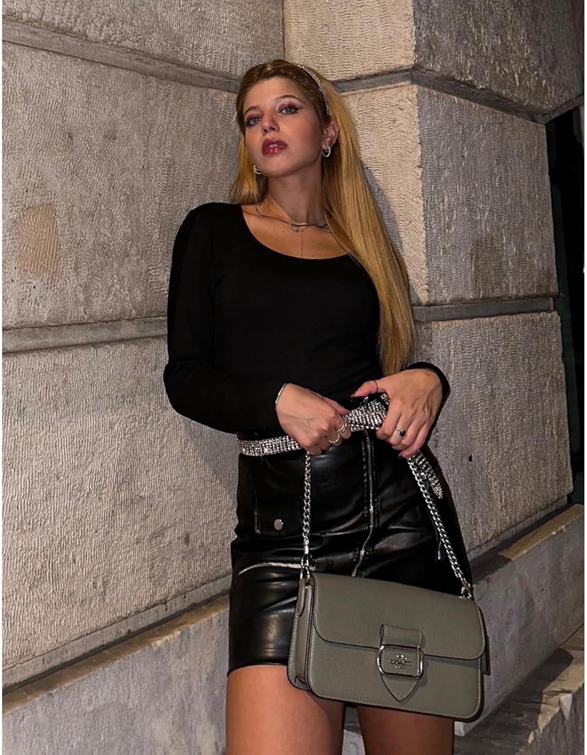 image2 Pack Long Sleeve Bodysuits for Women Round Neck Casual Stretchy Basic Shirts Crew Neck Body Suits TopsBlack Olive Green