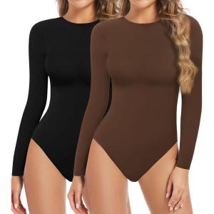 2 Pack Long Sleeve Bodysuits for Women Round Neck Casual Stretchy Basic Shirts Crew Neck Body Suits Tops(Black Brown)