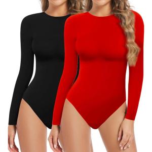 2 Pack Long Sleeve Bodysuits for Women Round Neck Casual Stretchy Basic Shirts Crew Neck Body Suits Tops(Black Red)