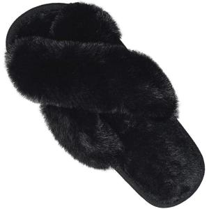 Fuzzy Slippers for Women-Cross Band Cozy House Home Bedroom Fluffy Slippers Plush Furry Open Toe Slide Slipper(A-black)