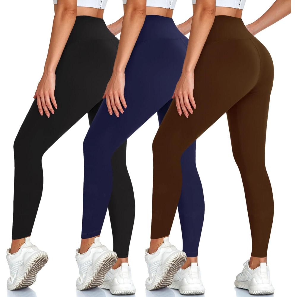 image3 Pack Leggings for Women High Waisted Tummy Control No SeeThrough Yoga Pants for Workout RunningBlackNavyBrown