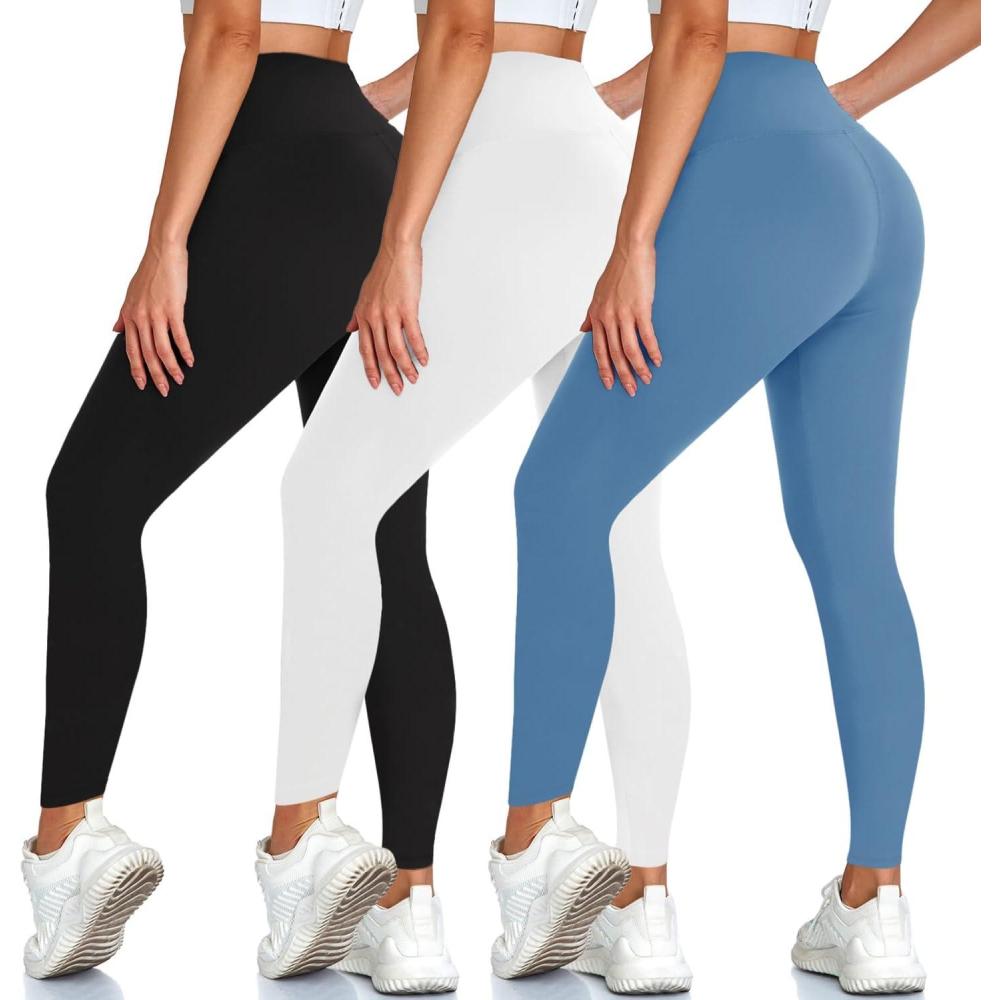 image3 Pack Leggings for Women High Waisted Tummy Control No SeeThrough Yoga Pants for Workout RunningBlackWhiteLight Blue