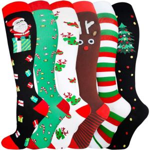 Graduated Compression Socks for Women&Men 20-30mmhg Knee High Socks Travel Hiking Running Stocking(06-6 Pairs Christmas series)
