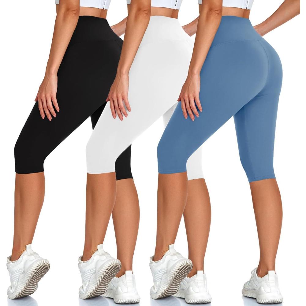 imageHigh Waisted 3 Pack Womens Capri Pants  Knee Length Yoga Shorts Biker Workout Leggings for WomenSummer ActivewearBlackWhiteLight Blue
