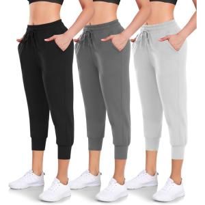 Women’s 3 Pack Capri Sweatpants with Pockets – High-Waist Yoga Joggers Athletic Running Leggings for Workout, Gym, Lounge(Black/Grey/Light Grey)