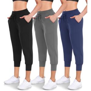 Women’s 3 Pack Capri Sweatpants with Pockets – High-Waist Yoga Joggers Athletic Running Leggings for Workout, Gym, Lounge(Black/Grey/Navy)