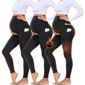 Hi Clasmix 3 Pack Maternity Capri Leggings with Pockets-Buttery Soft Workout Pregnancy Yoga Pants(9-3 Pack Fleece Lined Black)