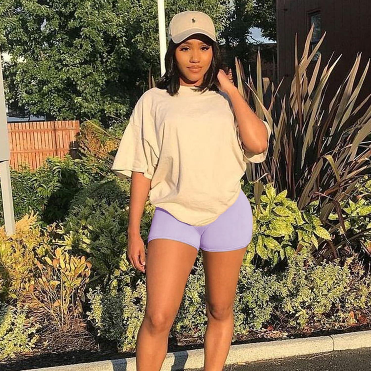 image:imageWomens 35 High Waisted Biker Shorts Spandex Yoga Workout Cycling Volleyball Dance Athletic Booty Shorts5light Purple
