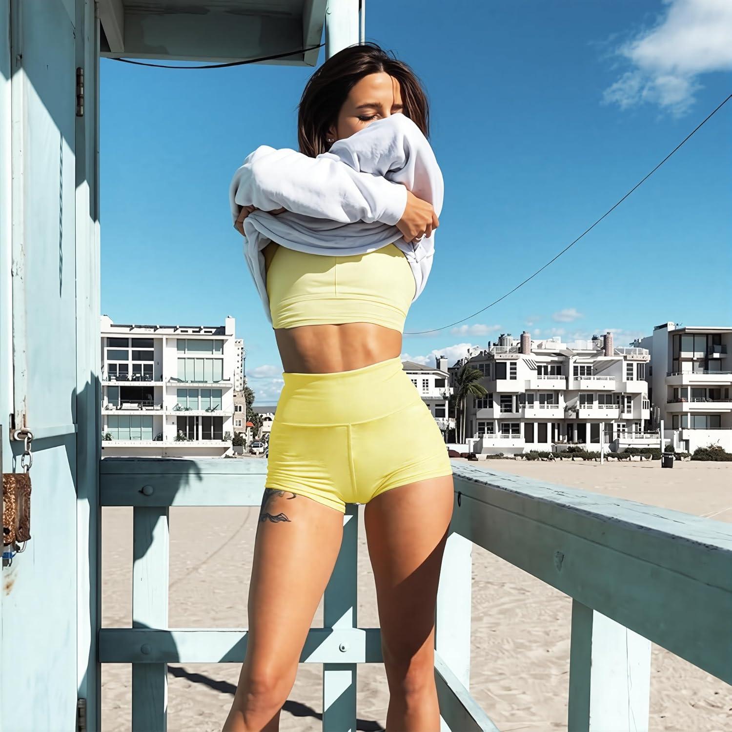 image:imageWomens 35 High Waisted Biker Shorts Spandex Yoga Workout Cycling Volleyball Dance Athletic Booty Shorts9lemon Yellow