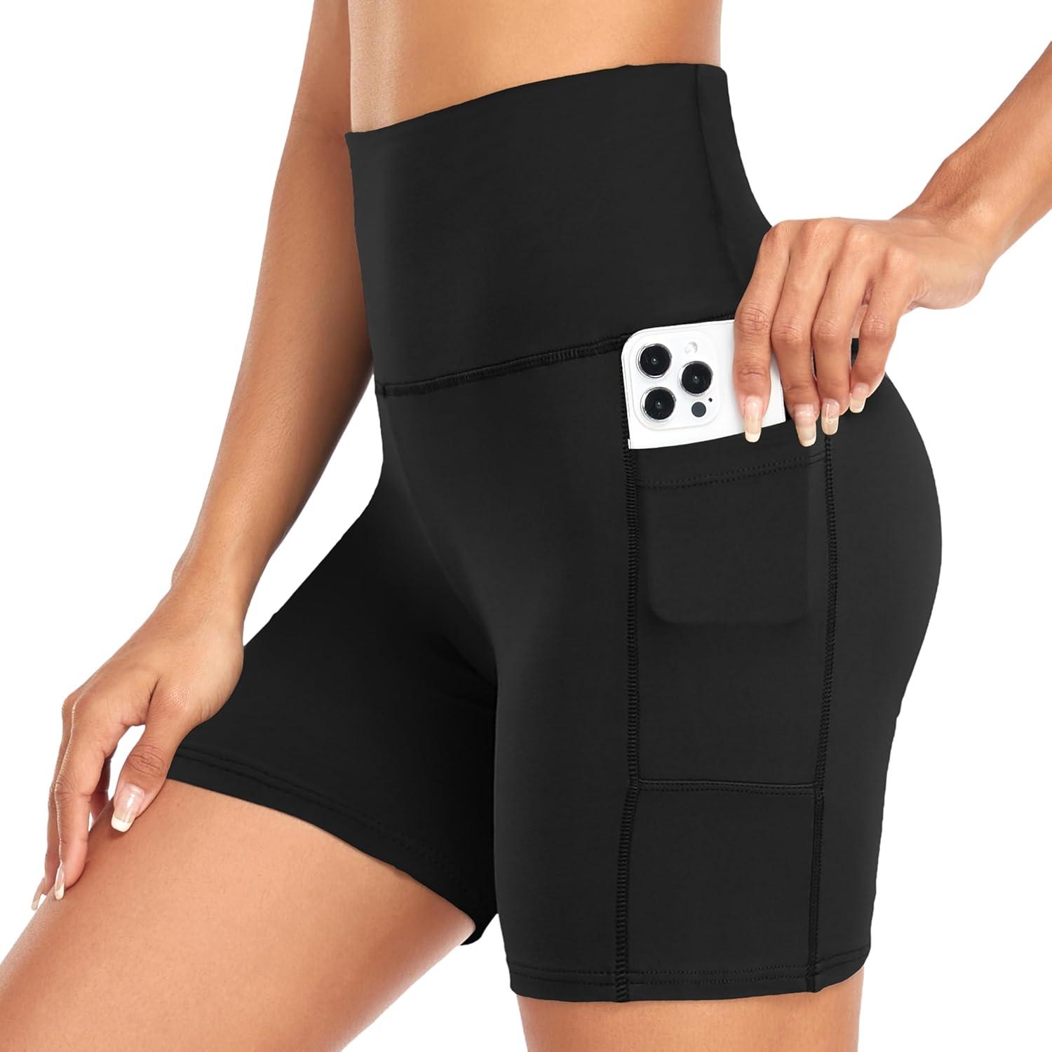 image:imageWomens 35 High Waisted Biker Shorts Spandex Yoga Workout Cycling Volleyball Dance Athletic Booty ShortsBlack With Pockets