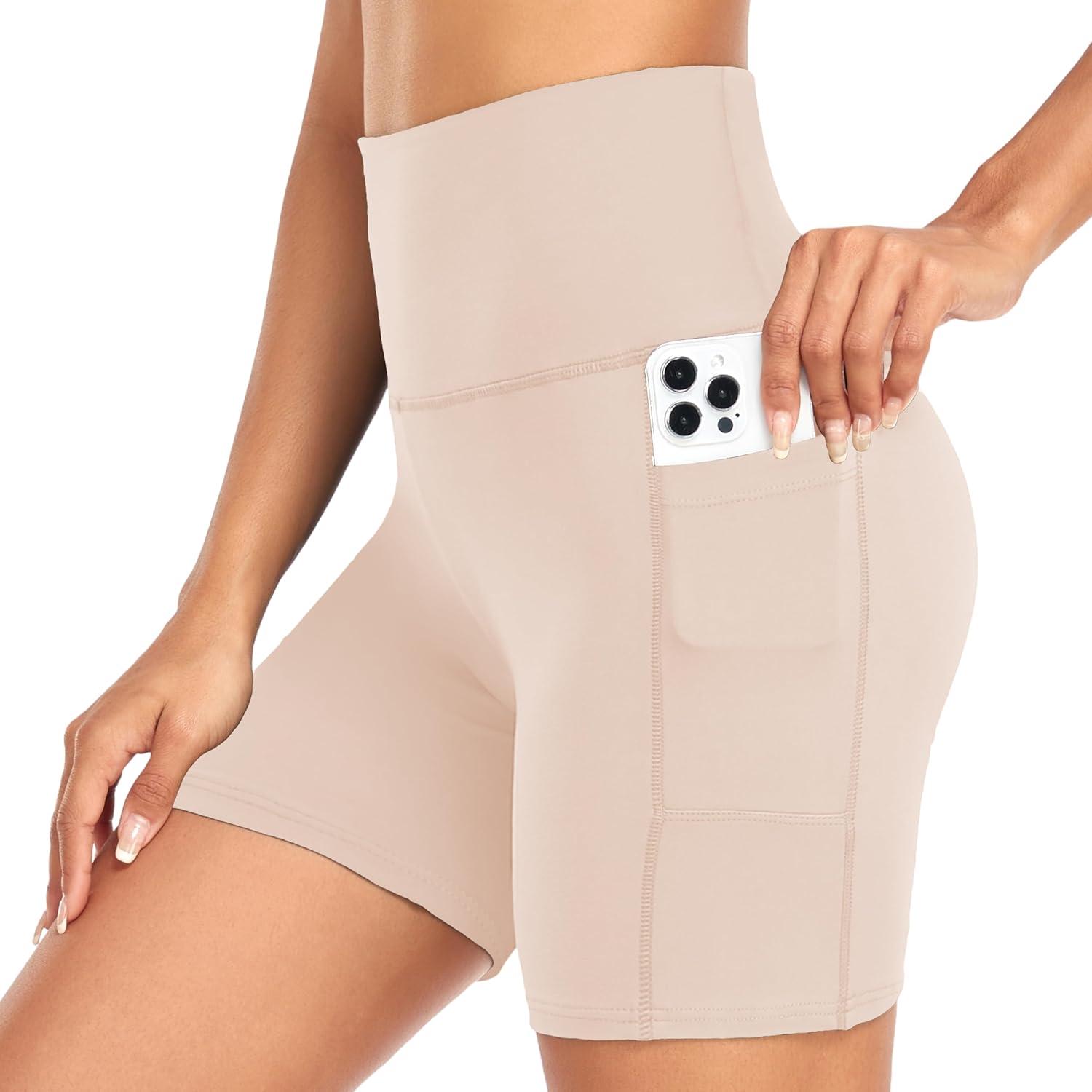 image:imageWomens 35 High Waisted Biker Shorts Spandex Yoga Workout Cycling Volleyball Dance Athletic Booty ShortsNude Beige With Pockets