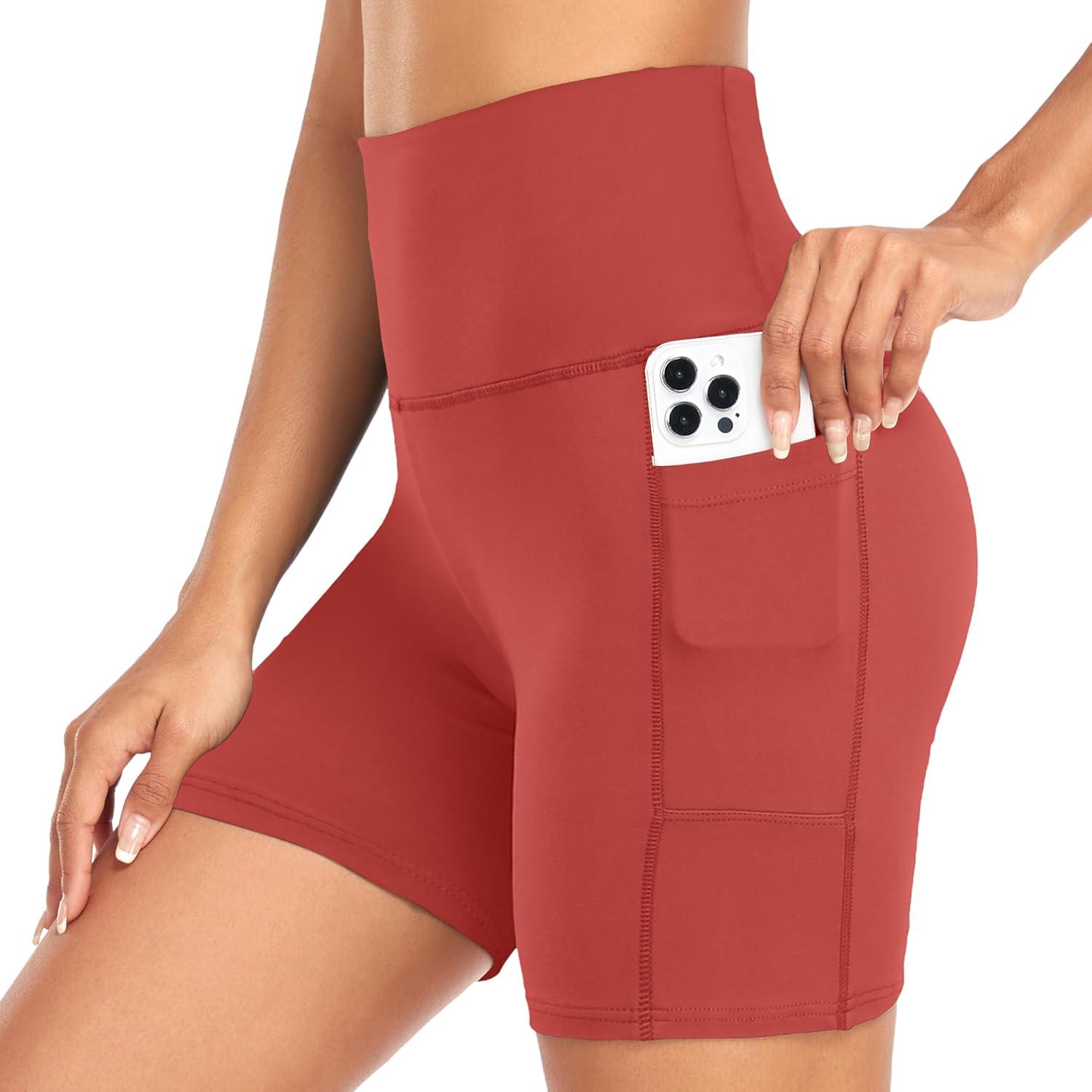 image:imageWomens 35 High Waisted Biker Shorts Spandex Yoga Workout Cycling Volleyball Dance Athletic Booty ShortsRed With Pockets