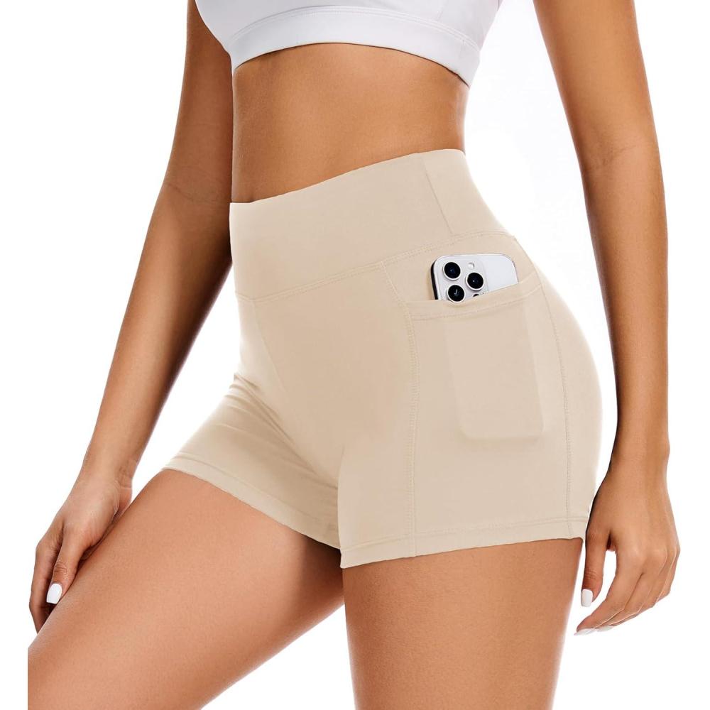image:imageWomens 35 High Waisted Biker Shorts Spandex Yoga Workout Cycling Volleyball Dance Athletic Booty ShortsNude Beige With Pockets
