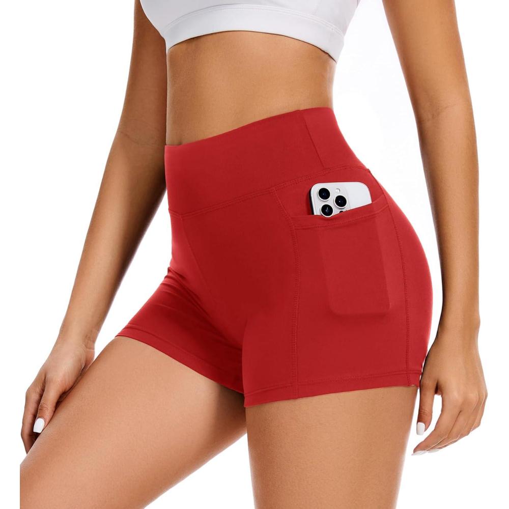image:imageWomens 35 High Waisted Biker Shorts Spandex Yoga Workout Cycling Volleyball Dance Athletic Booty ShortsRed With Pockets