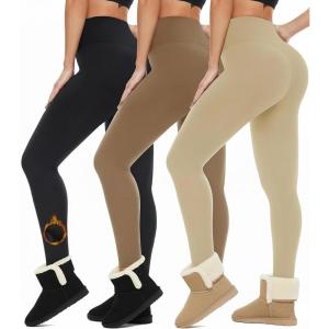 Hi Clasmix Leggings for Women 3 Pack-High Wasited Tummy Control Yoga Pants Clothing for Workout Athletic(1be-3 Pack Fleece Lined Apricot khaki brown)