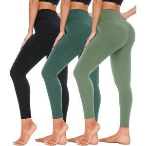 Hi Clasmix Leggings for Women 3 Pack-High Wasited Tummy Control Yoga Pants Clothing for Workout Athletic(3 Pack Black watercress light Green)