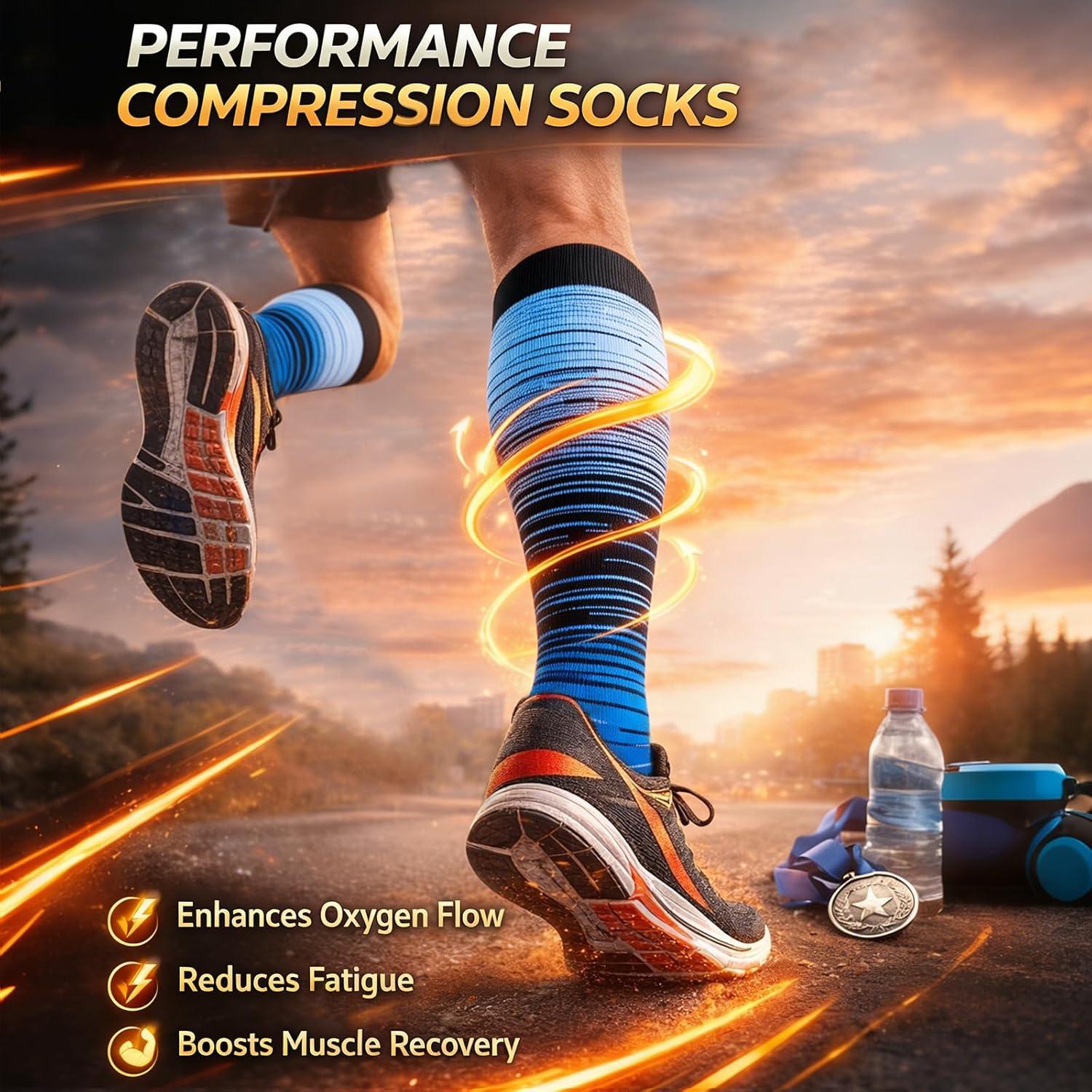 image:imageGraduated Compression Socks for WomenampMen 2030mmhg Knee High Socks Travel Hiking Running Stocking055 Pairs Multi Stripe 02