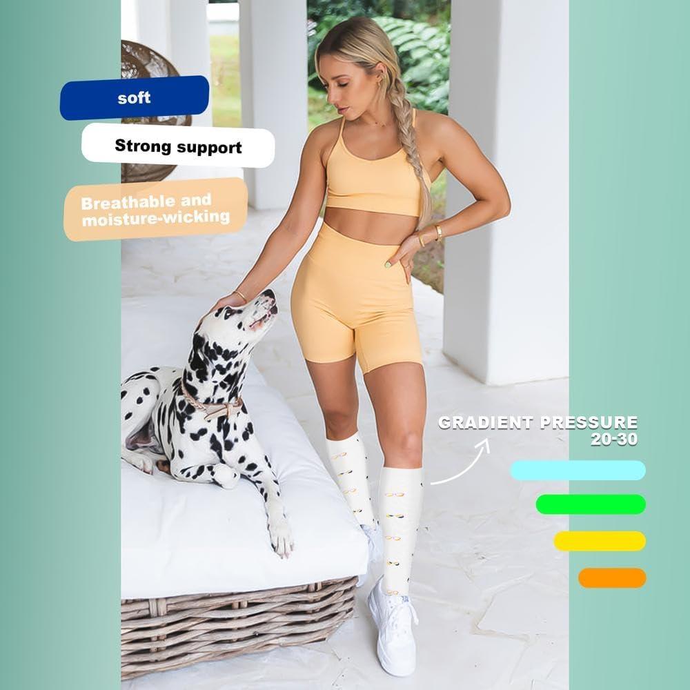 image:imageGraduated Compression Socks for WomenampMen 2030mmhg Knee High Socks Travel Hiking Running Stocking156 Pairs White Cartoon