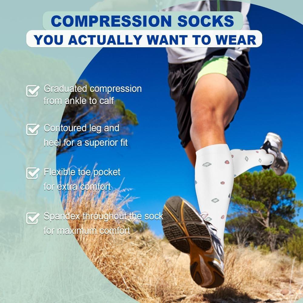 image:imageGraduated Compression Socks for WomenampMen 2030mmhg Knee High Socks Travel Hiking Running Stocking156 Pairs White Cartoon